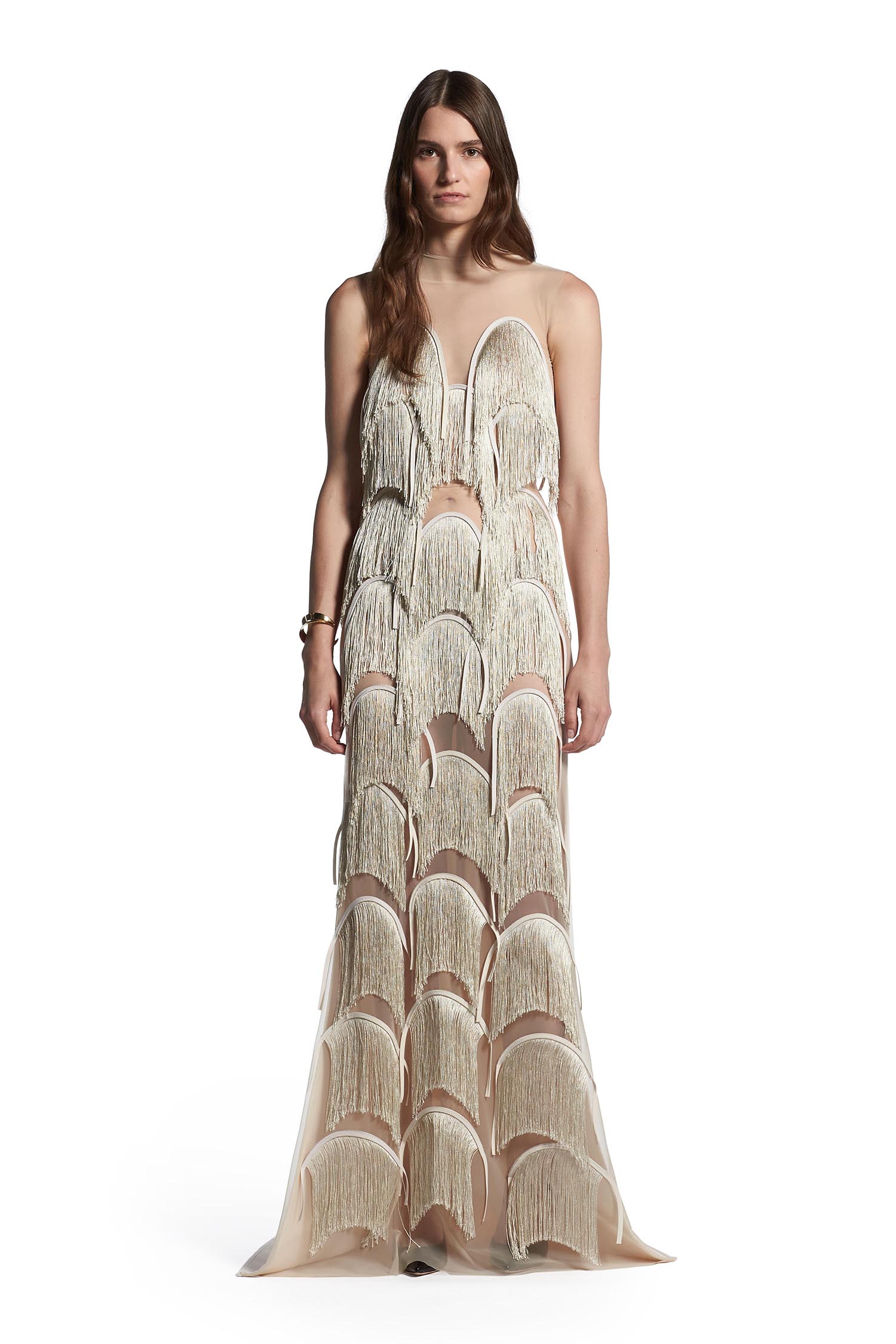 Shop the Cascading Fringe Gown in Pure Cream Pearl Fringe online Gowns Maticevski